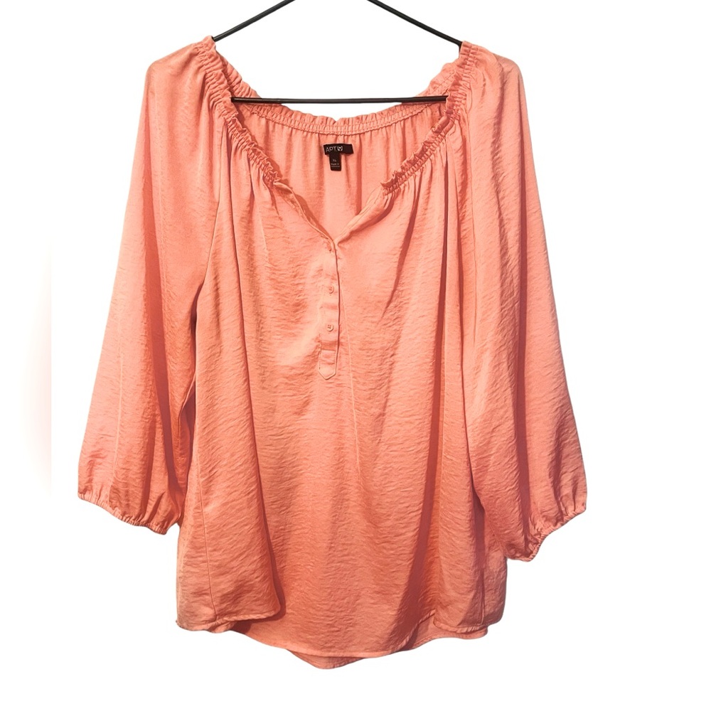 Apt. 9 Womens XL Pink Button Front Career Blouse 3/4 Sleeve Satin Smocked Neck